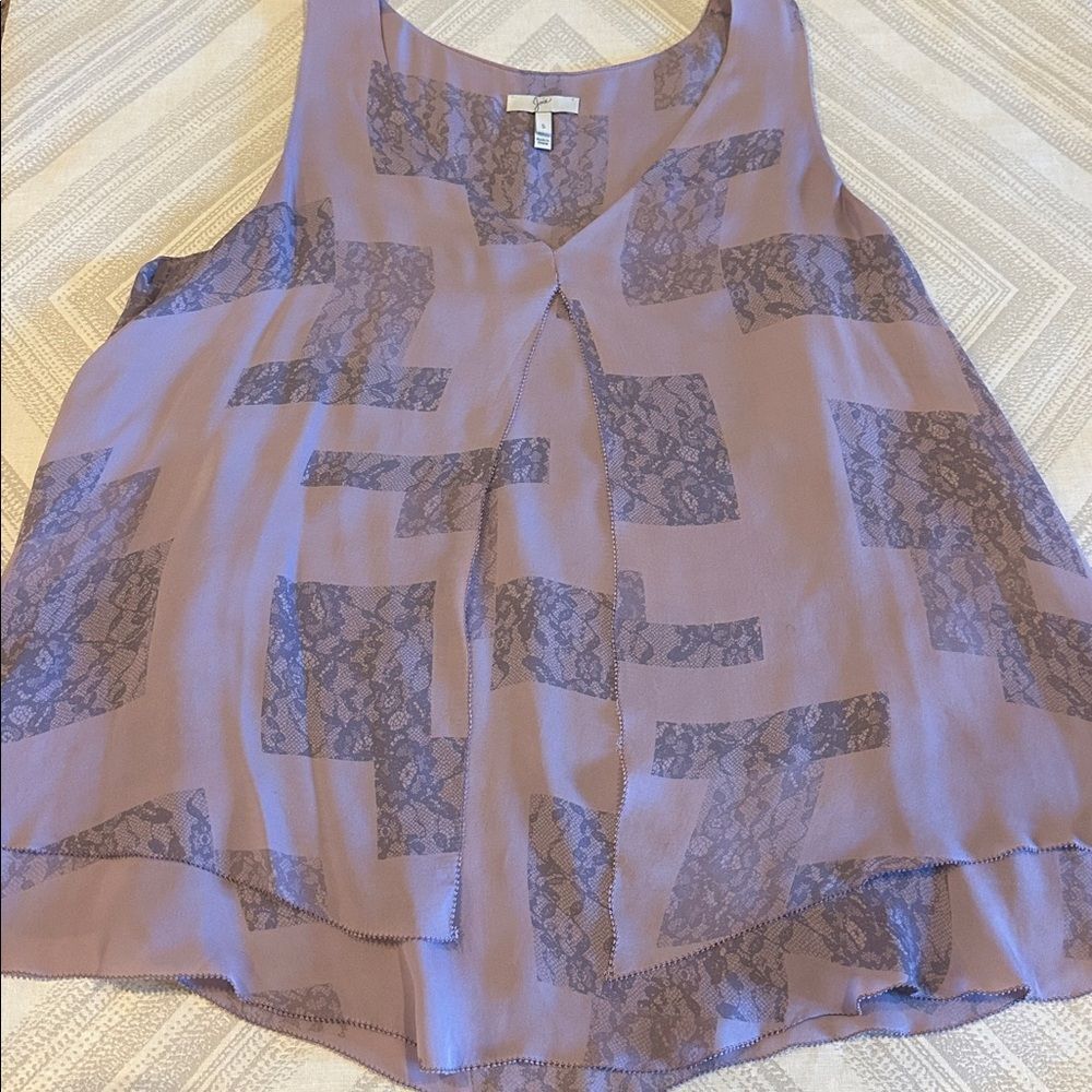 Joie Purple Sleeveless Layered Tank Top with Lace Printed Accents Size Small